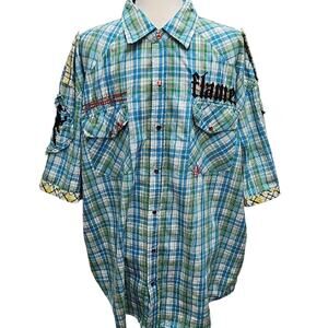 Tool Jeans Phoenix Rises Flames Men's Blue and Green Plaid Snap Down Shirt Sz 3X